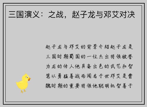 三国演义：之战，赵子龙与邓艾对决