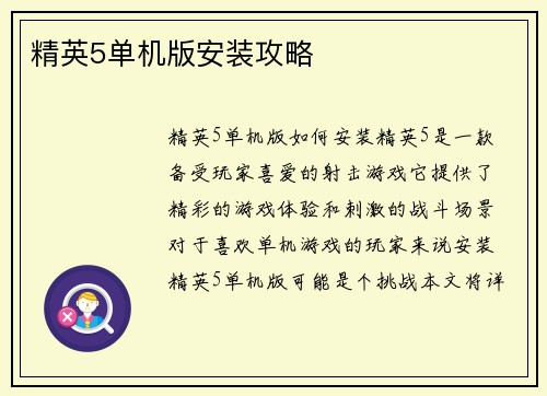 精英5单机版安装攻略